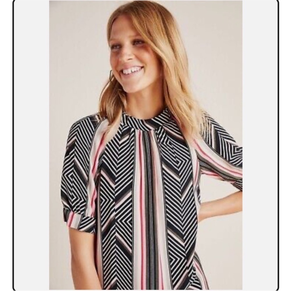 Anthropologie McKenzie Mock Neck Tunic Dress Petite Geometric Boho Short Sleeve - Picture 2 of 14